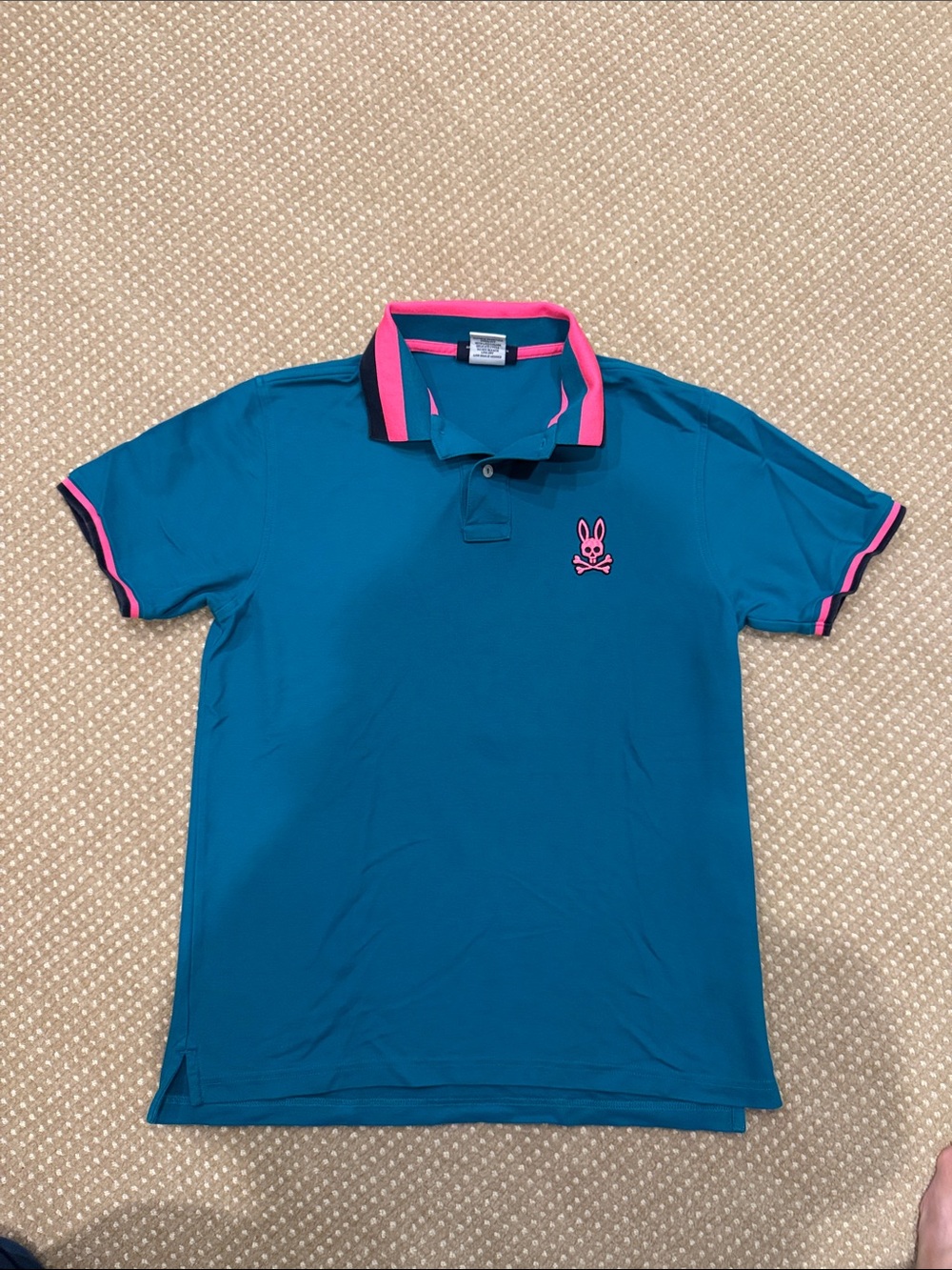 Men’s Psycho Bunny Teal Polo with Pink Trim and Bunny Logo Size-5